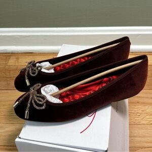 Birdies THE HUMMINGBIRD Brandy Velvet Jeweled Bow‎ Red Women’s 6.5 Ballet Flats